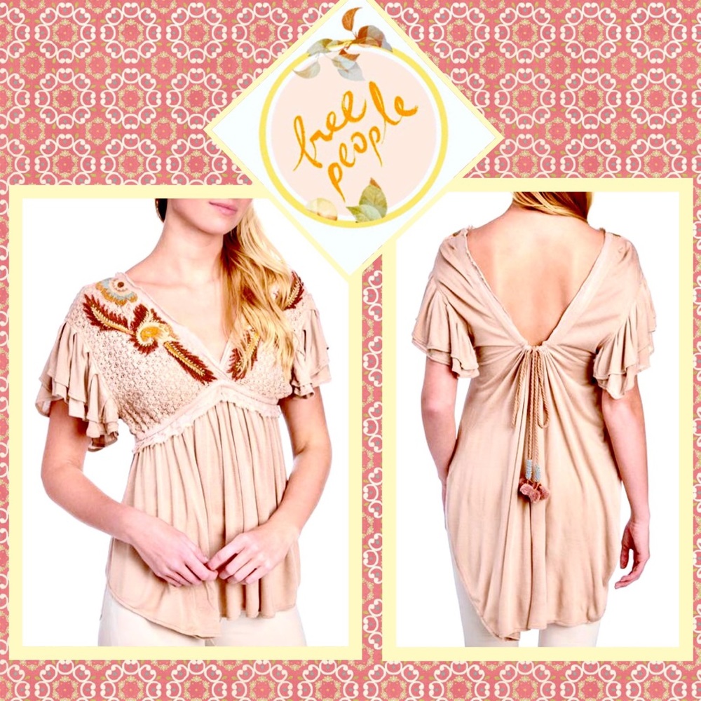 Free People Blush Beige Embroidered V-Neck Tunic